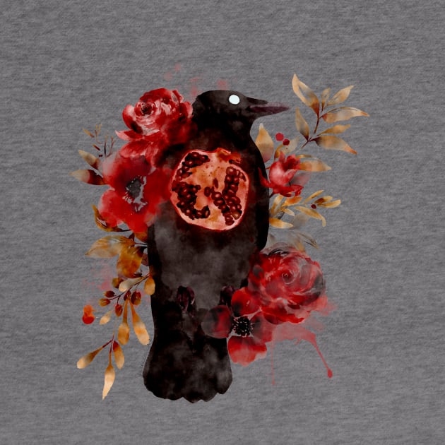 Autumn Oracle Crow Pomegranate Watercolor by venglehart